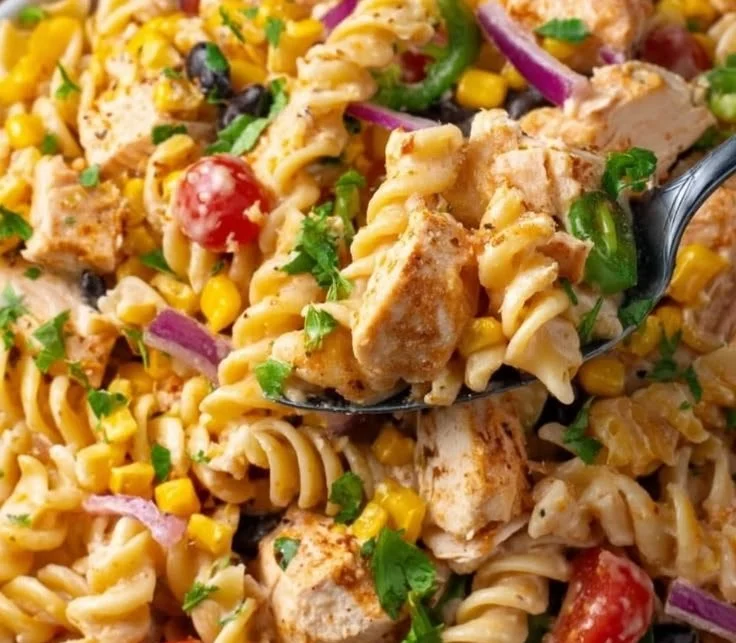 Zesty chicken enchilada pasta salad with colorful vegetables and spices