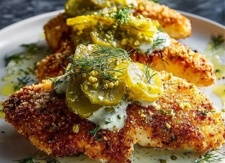 Zesty Dill Pickle Parmesan Chicken dish garnished with dill and parmesan cheese.