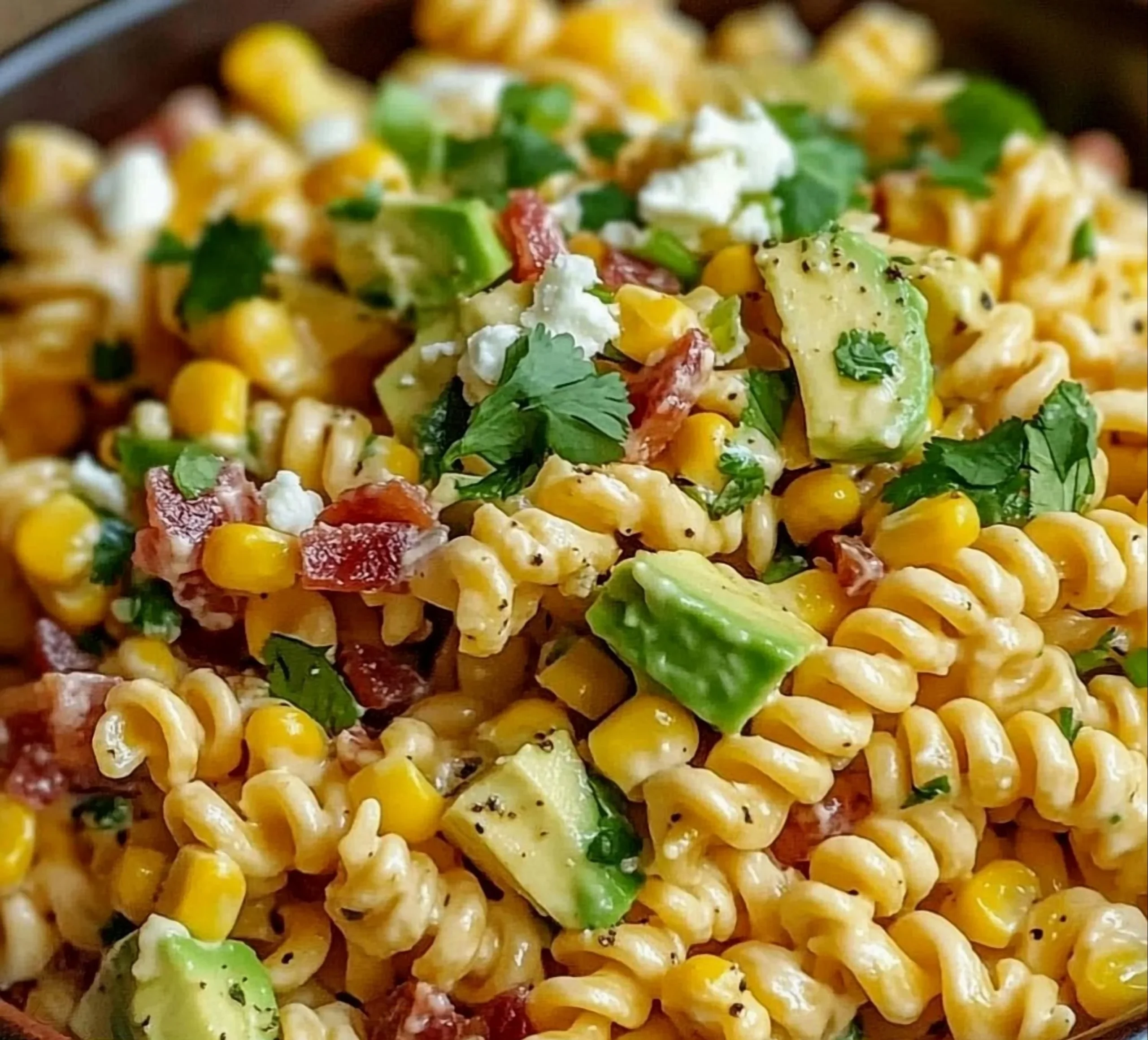 Zesty elote pasta garnished with corn and spices, showcasing a fusion of flavors.