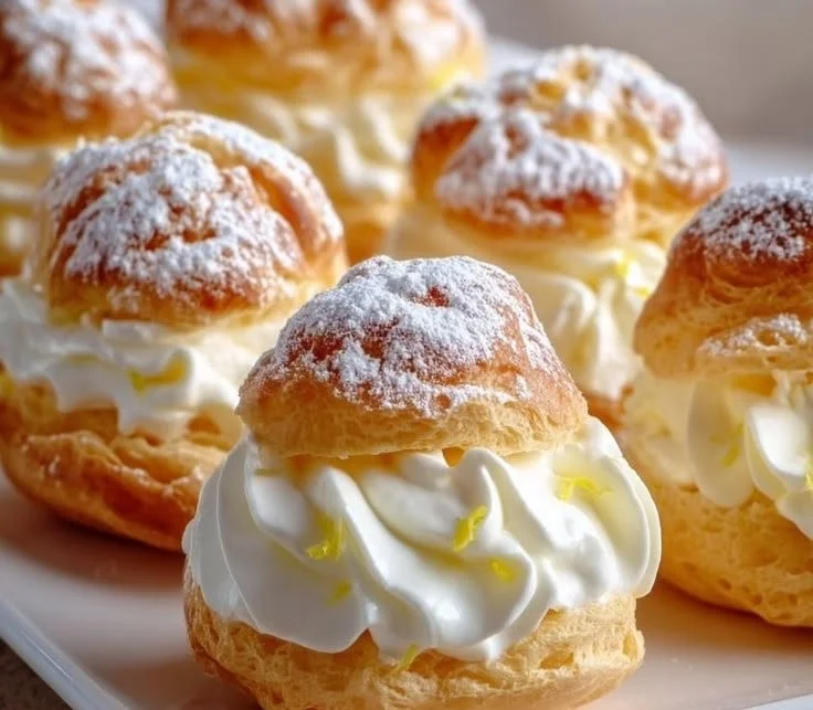 Zesty lemon cream puffs dusted with powdered sugar on a plate.
