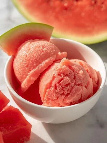Delicious 2 ingredient watermelon sorbet in a bowl, perfect for summer