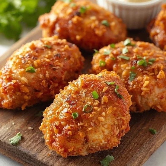 Crispy air fryer chicken thighs served on a plate with herbs and spices.