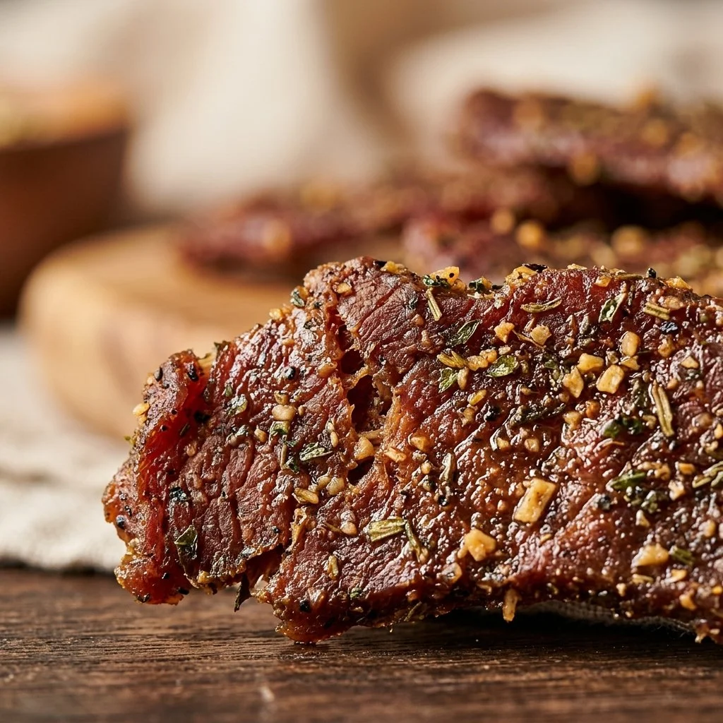 Air fryer garlic herb turkey jerky, healthy snack made with turkey breast and herbs.