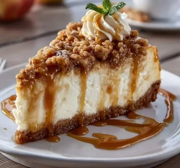 Delicious Apple Crisp Cheesecake with crunchy topping and creamy filling