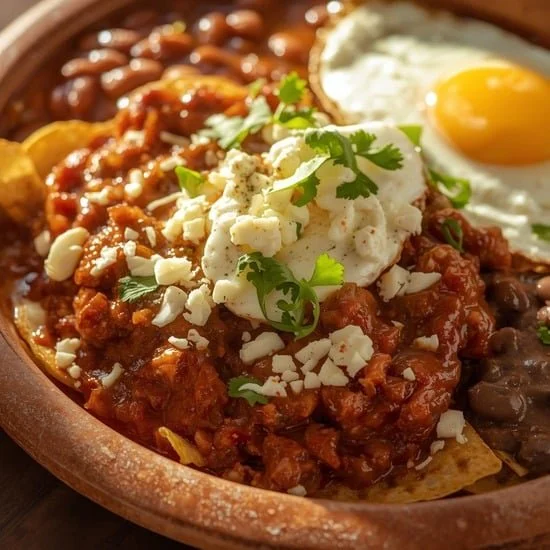 Plate of authentic chilaquiles topped with salsa and avocado