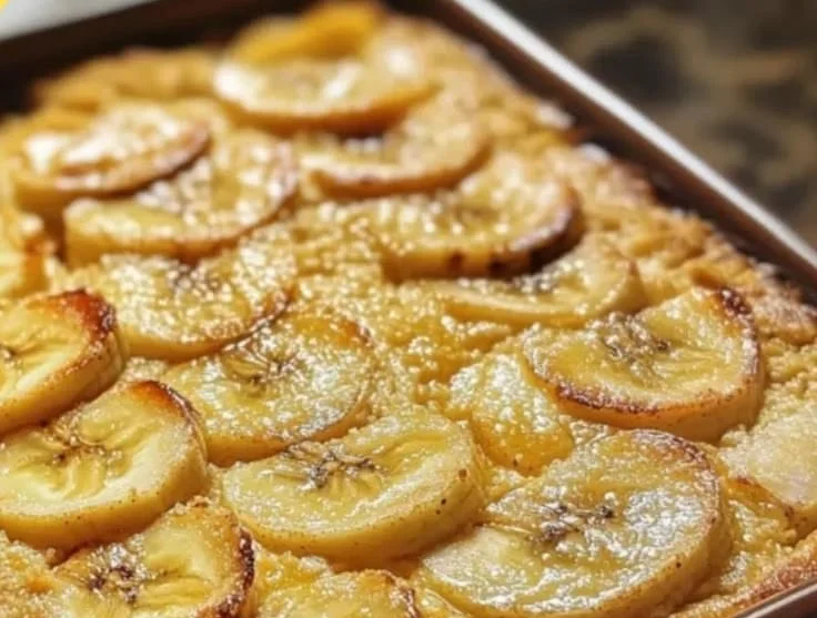 Baked Banana Semolina Tray topped with banana slices and nuts