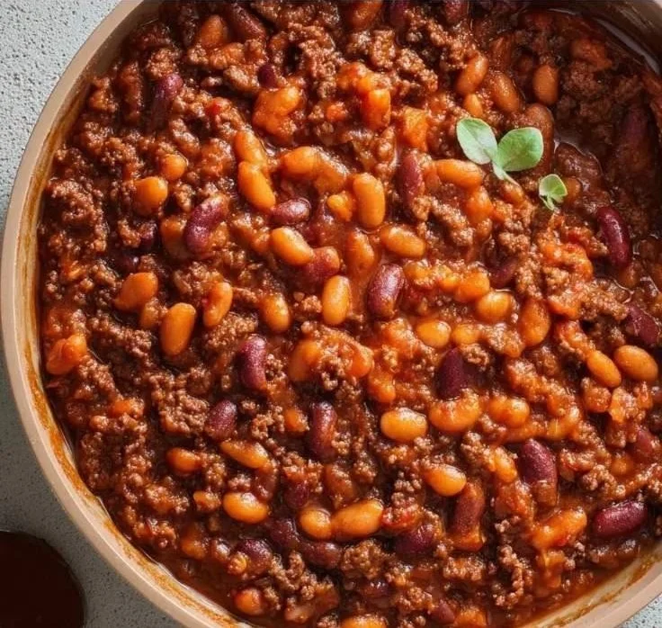 Baked beans with ground beef served in a rustic bowl