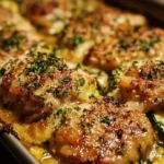 Baked chicken thighs with zucchini on a plate garnished with herbs