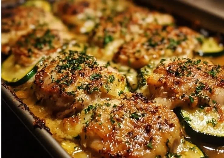 Baked chicken thighs with zucchini on a plate garnished with herbs
