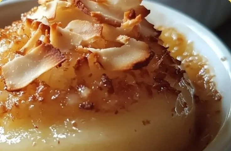 Baked pear coconut dessert served on a plate with fresh mint garnish.