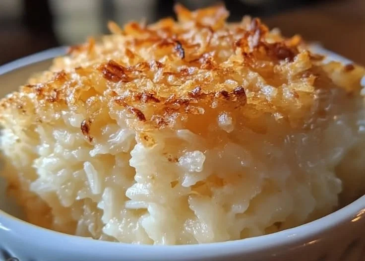 Baked vanilla rice dessert served in a bowl with a sprinkle of cinnamon
