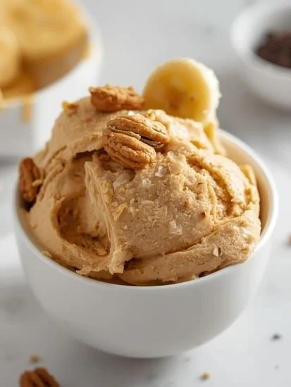 Banana and peanut butter frozen treat served in a bowl with banana slices on top.
