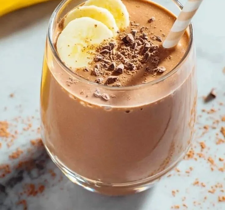 Delicious banana chocolate smoothie topped with chocolate shavings in a glass.