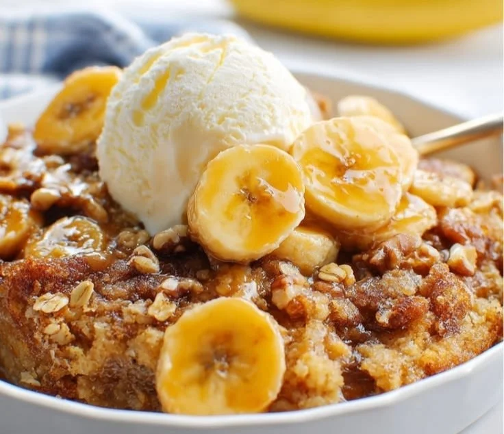 Delicious homemade banana cobbler served warm with vanilla ice cream