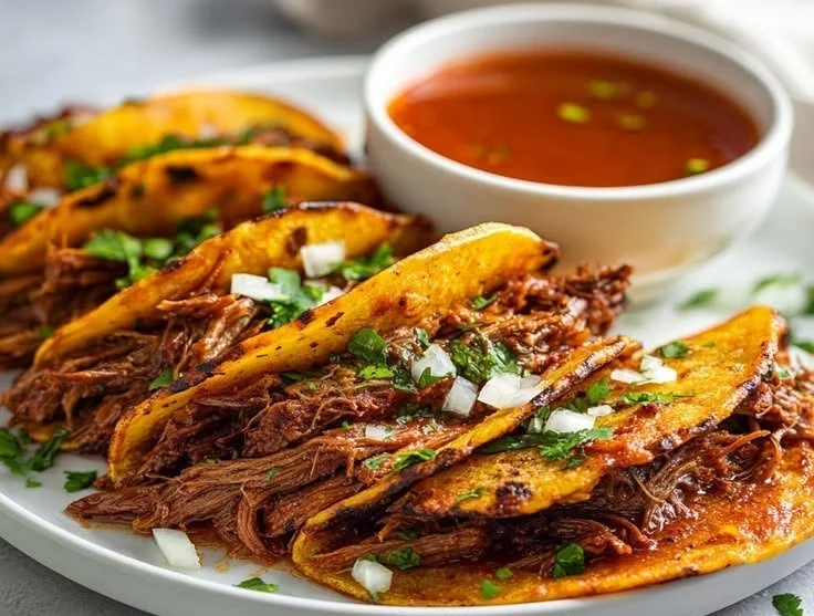 Delicious Barbacoa Tacos topped with fresh onions and cilantro