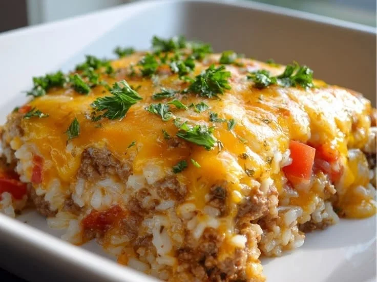 Delicious Beef and Rice Casserole served in a baking dish
