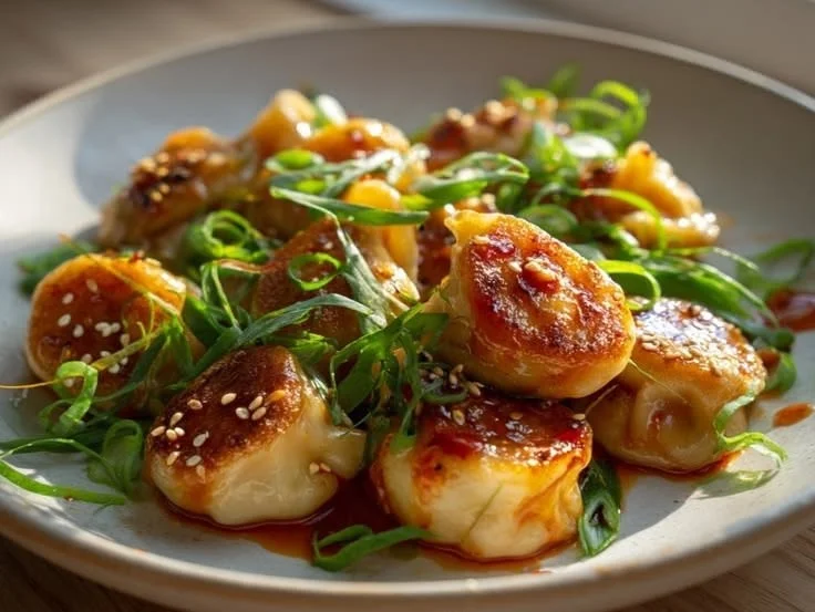 Beef Mandu with Gochujang glaze and garnish on a plate