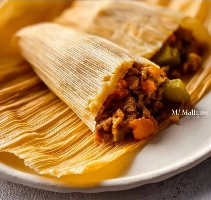 Delicious beef tamales served with traditional garnishes.