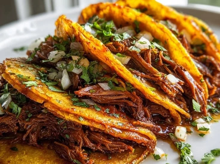 Delicious Birria Tacos served with broth and garnished with onion and cilantro