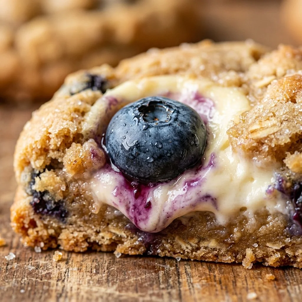 Baked blueberry cheesecake cookies on a cooling rack with fresh blueberries