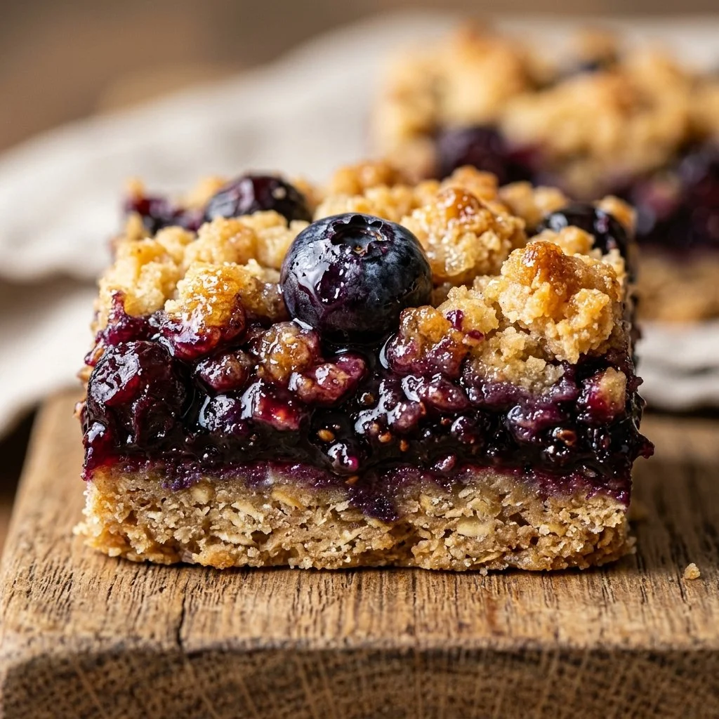 Freshly baked blueberry crumble bars topped with a golden crumble