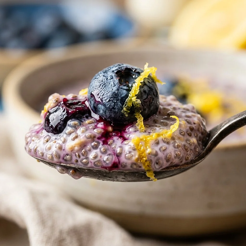 Blueberry Lemon Zest Overnight Chia Pudding in a bowl topped with fresh blueberries
