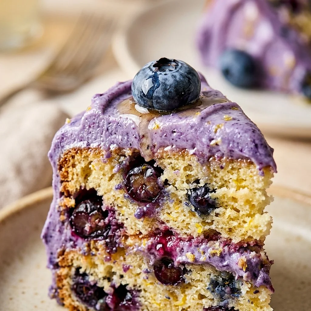 Delicious blueberry lemonade cake with fresh blueberries and lemon icing