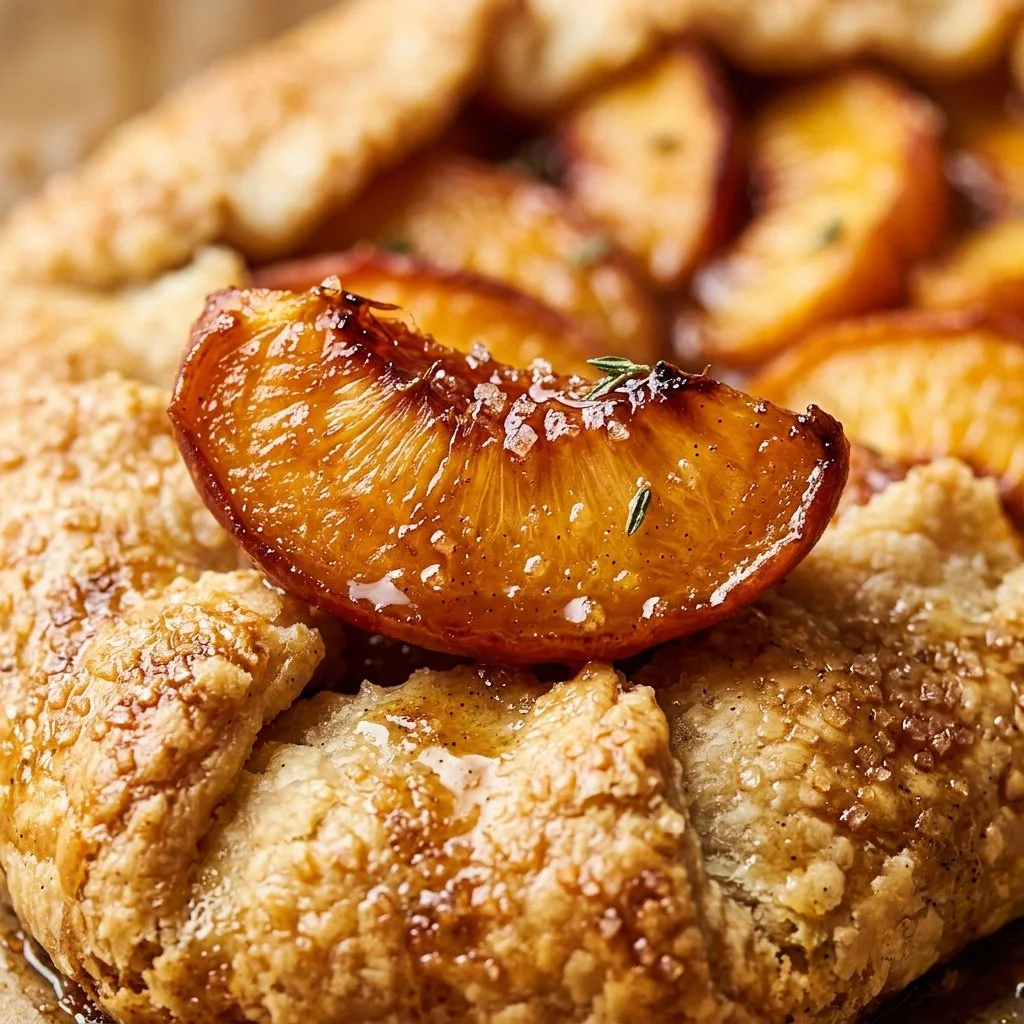 Delicious brown butter peach galette with flaky crust and juicy peaches