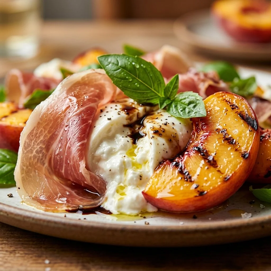 Burrata, peach, and prosciutto salad garnished with fresh greens
