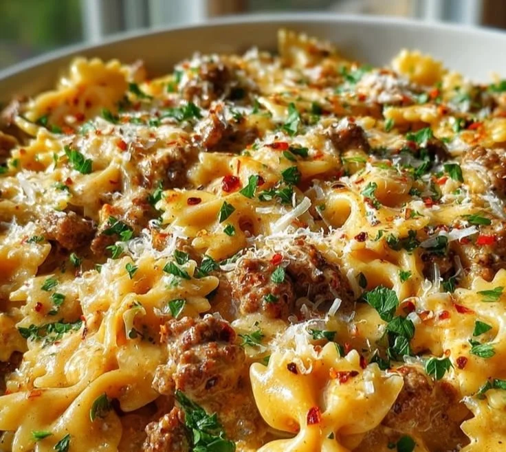 Cajun Alfredo Pasta with bowtie noodles and spiced ground beef ready to serve