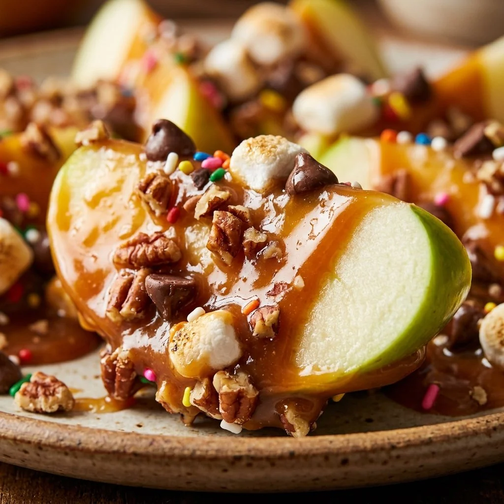 Delicious caramel apple nachos drizzled with caramel and topped with toppings