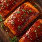 Delicious caramelized brown sugar salmon fillet served on a plate