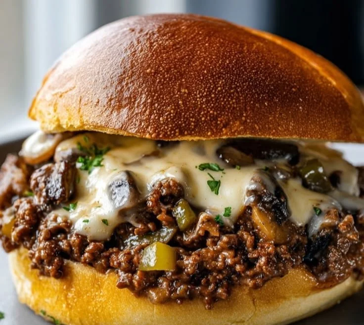 Cheesy beef burger topped with melted cheese and fresh ingredients