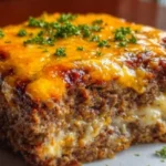 Cheesy meatloaf casserole served in a baking dish with melted cheese on top