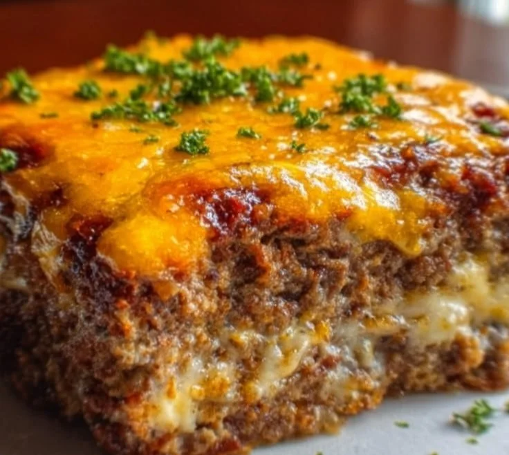 Cheesy meatloaf casserole served in a baking dish with melted cheese on top