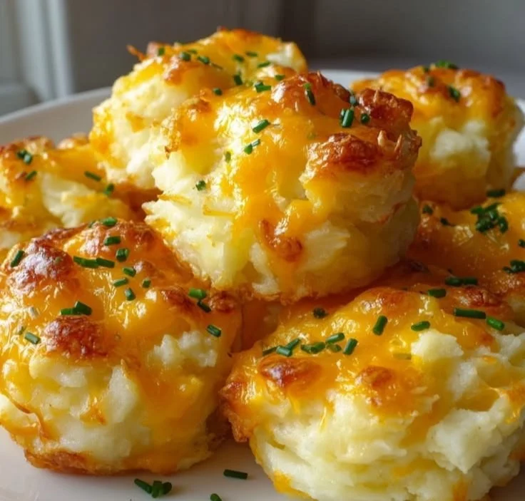 Cheesy mini mashed potato casserole bites served on a platter
