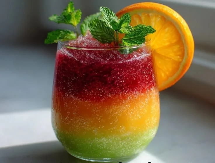 Delicious Cherry Lime Slush in a glass with ice and a lime slice