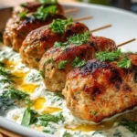 Plate of Chicken Kofta served with Garlic Yogurt Sauce on a beautiful dish.