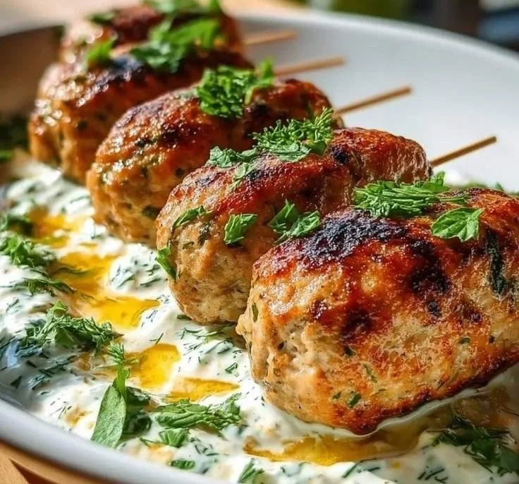 Plate of Chicken Kofta served with Garlic Yogurt Sauce on a beautiful dish.