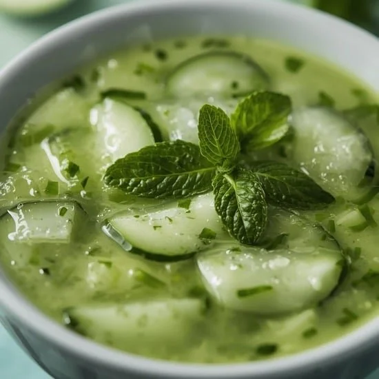 Chilled Cucumber Gazpacho with fresh mint served in a bowl