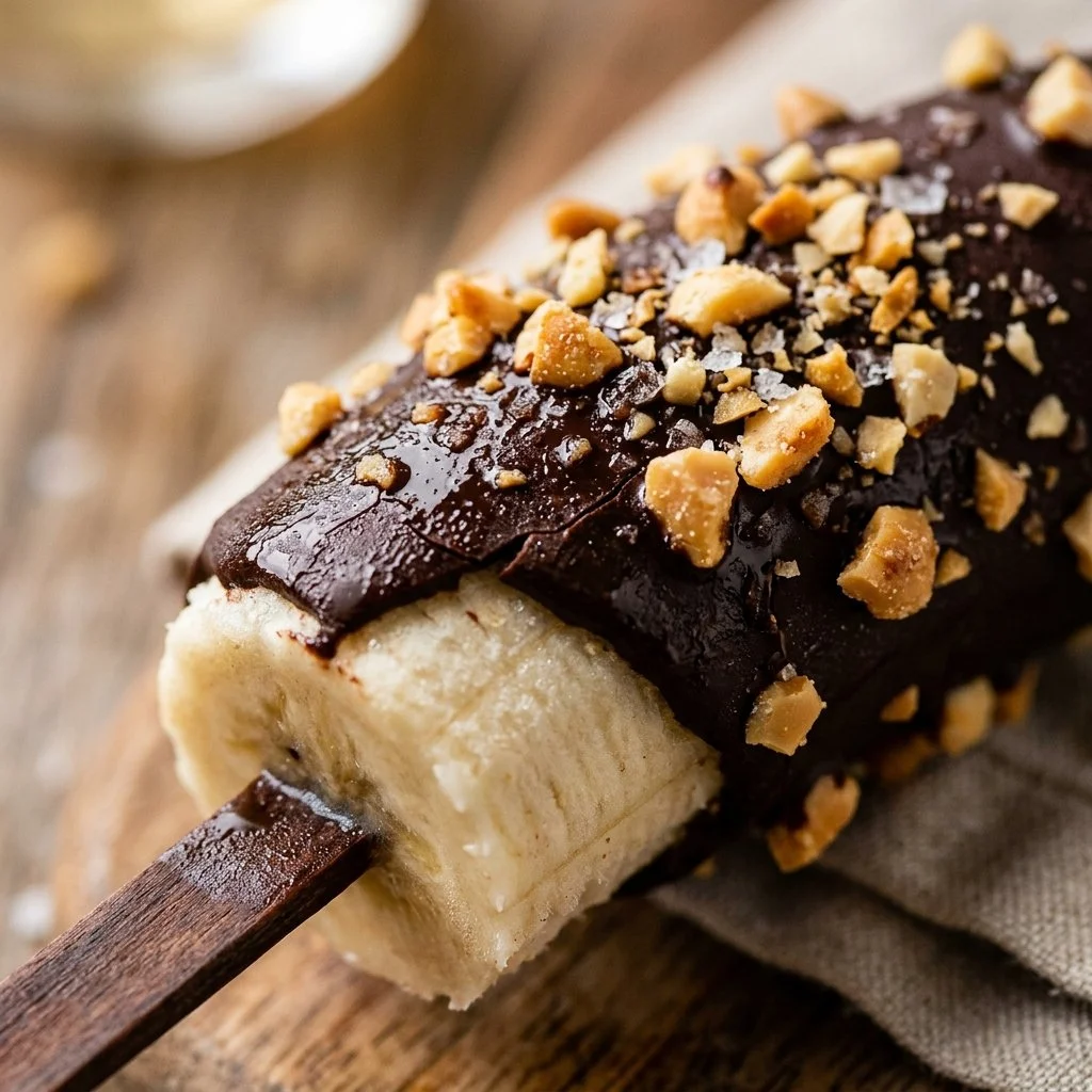 Delicious chocolate covered banana pops on a white background