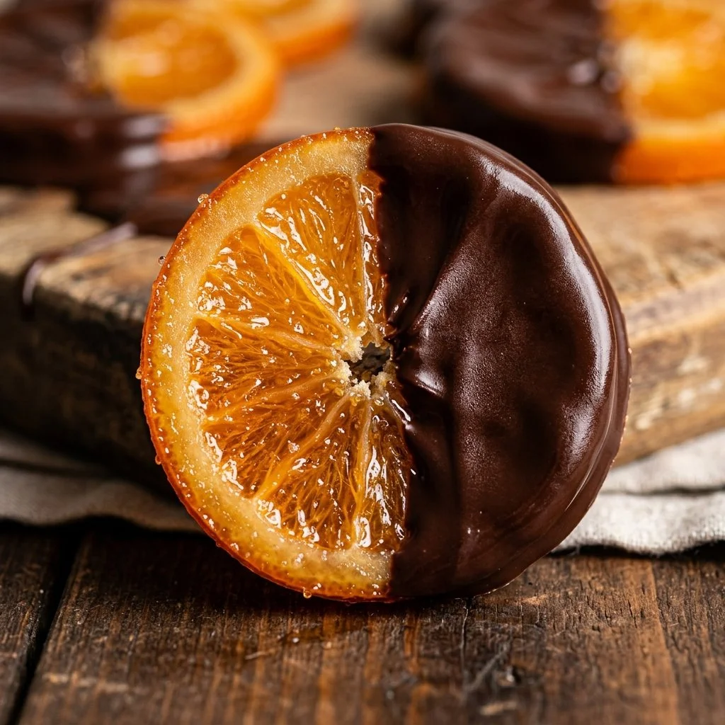 Delicious chocolate-dipped orange slices garnished on a plate