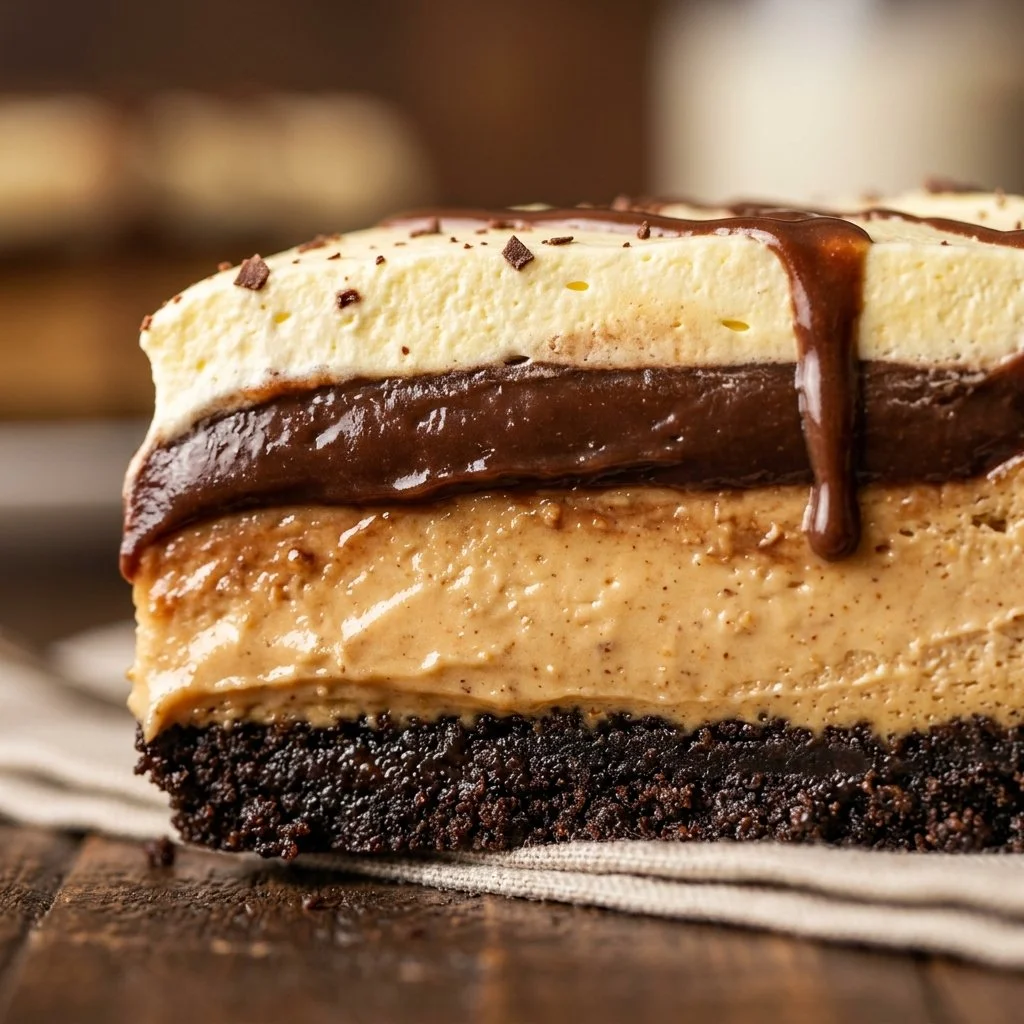Delicious Chocolate Peanut Butter Lasagna layered dessert