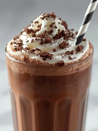 Chocolate Protein Deluxe Frosty served in a glass with chocolate garnish
