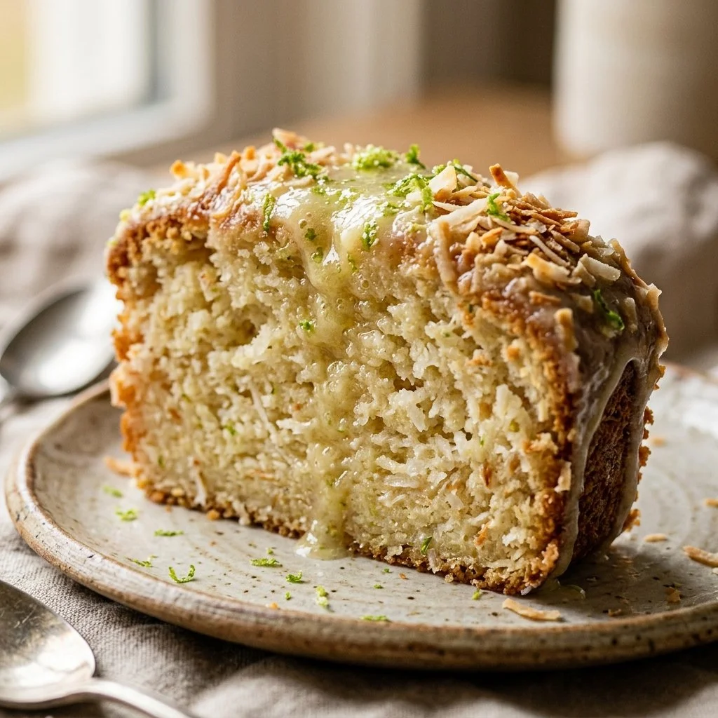 Slices of Coconut Lime Loaf Cake on a plate with coconut flakes and lime zest