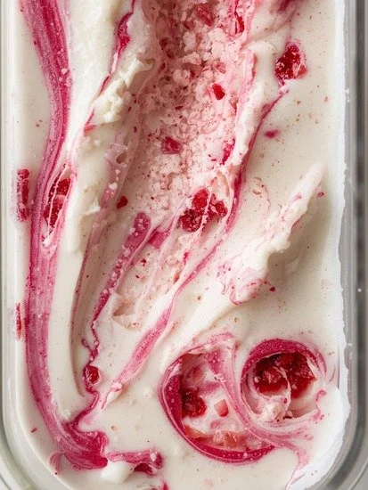 Delicious cottage cheese strawberry swirl ice cream in a bowl