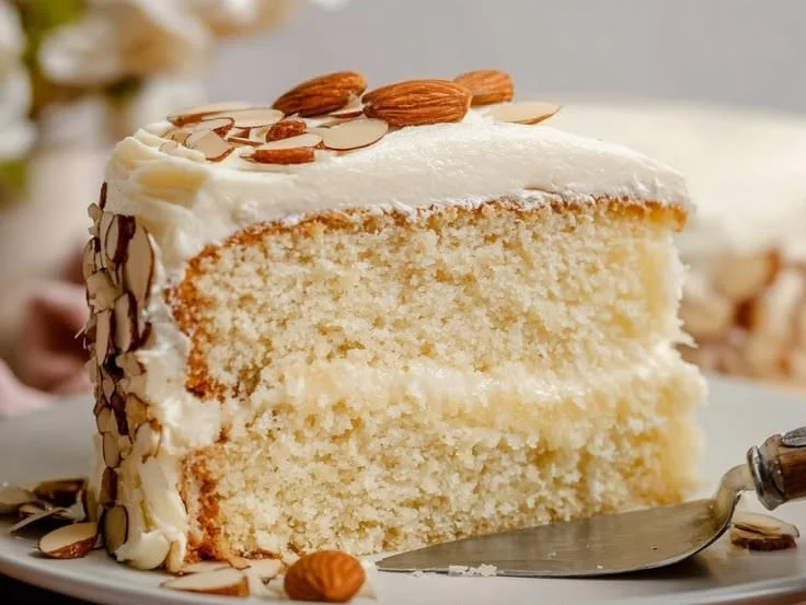 Sliced creamy almond cake decorated with almonds on a white plate
