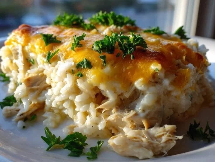 Creamy chicken and rice casserole topped with melted cheese and herbs.