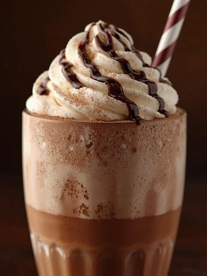 Creamy chocolate milkshake topped with whipped cream and chocolate syrup