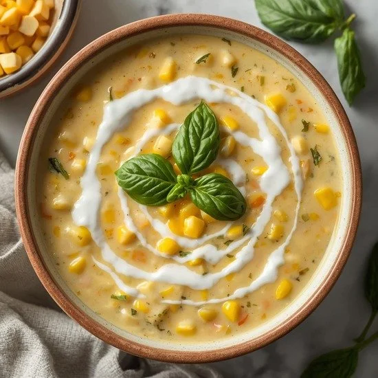Bowl of creamy corn and basil chowder garnished with fresh herbs